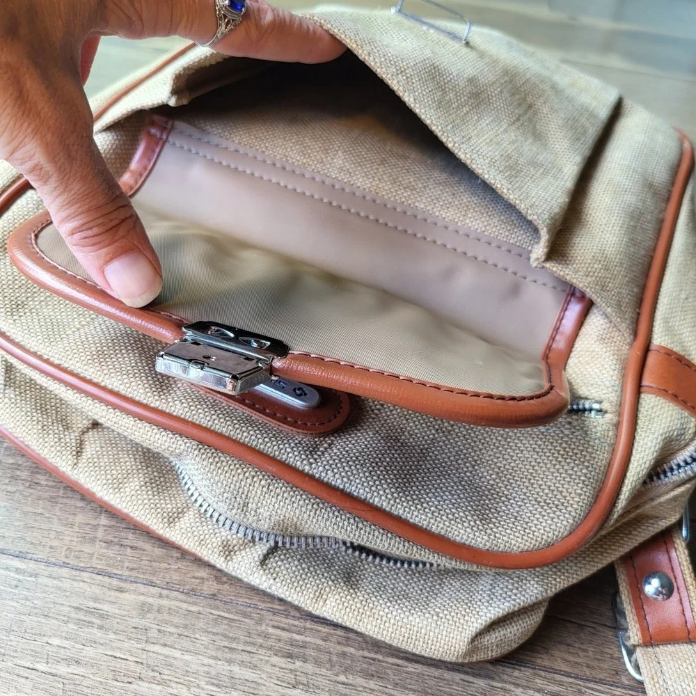Samsonite Vintage Tan Canvas Crossbody Messenger Bag Brown Trim Travel Pouch